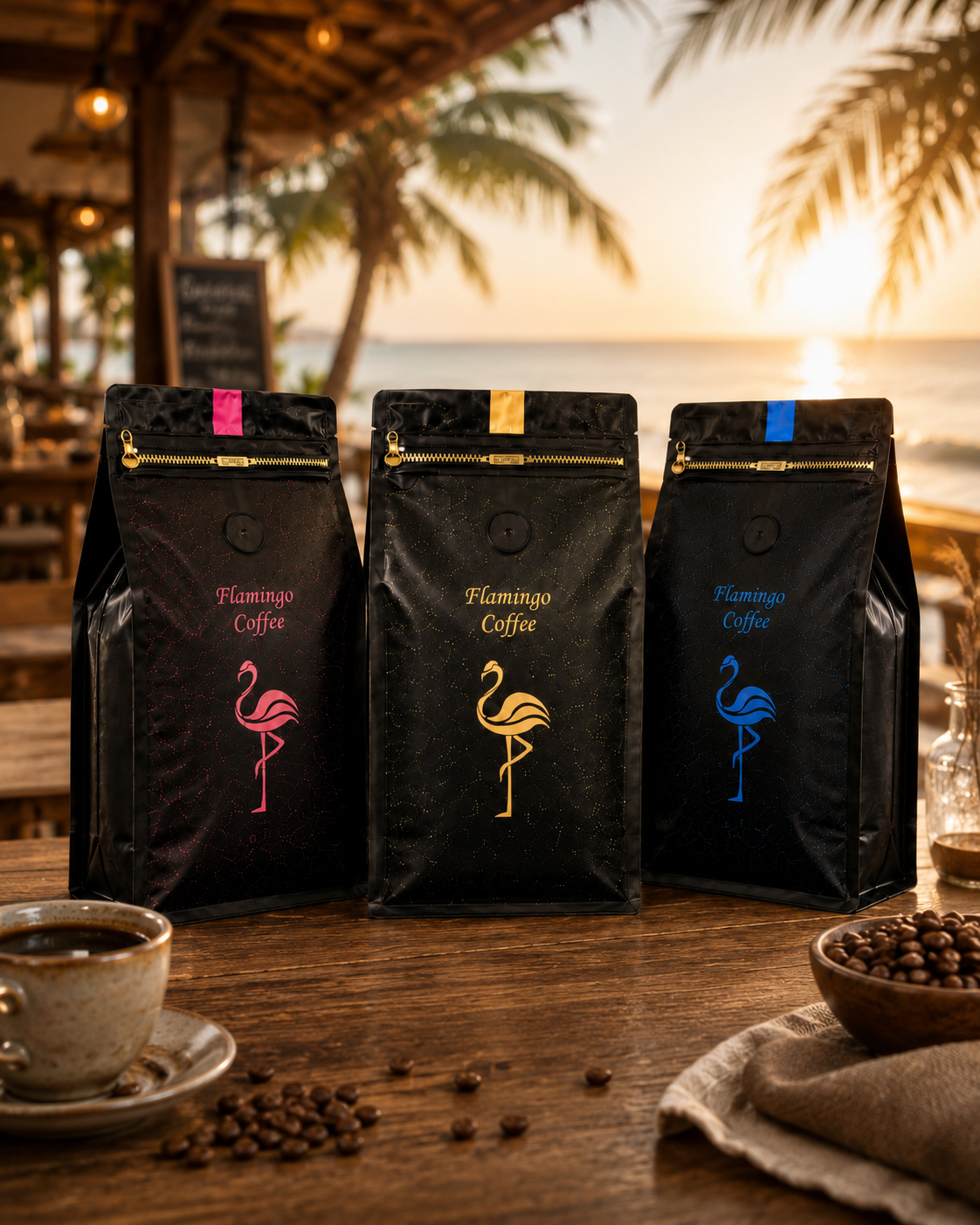 Coffee Flamingo — pink, gold and blue coffee packages
